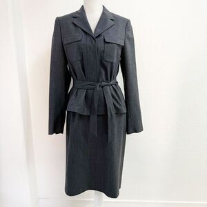 MAX MARA Skirt Suit Outfit Set sz. 12 Wool Gray White Pinstriped Women's Career